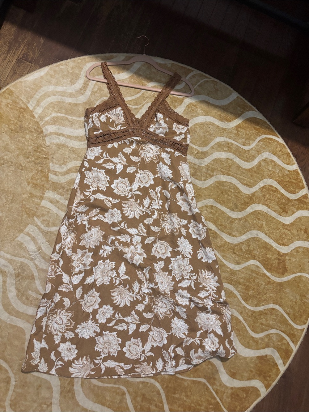 LOFT Brown Midi Dress with White Floral Pattern and Lace Straps
